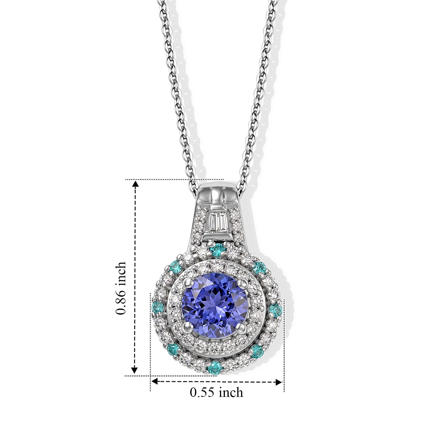 D'Joy Premium Tanzanite, Paraiba Tourmaline and Diamond 1.30 ctw Pendant Necklace in Rhodium Over Sterling Silver 20 Inches