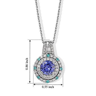 D'Joy Premium Tanzanite, Paraiba Tourmaline and Diamond 1.30 ctw Pendant Necklace in Rhodium Over Sterling Silver 20 Inches