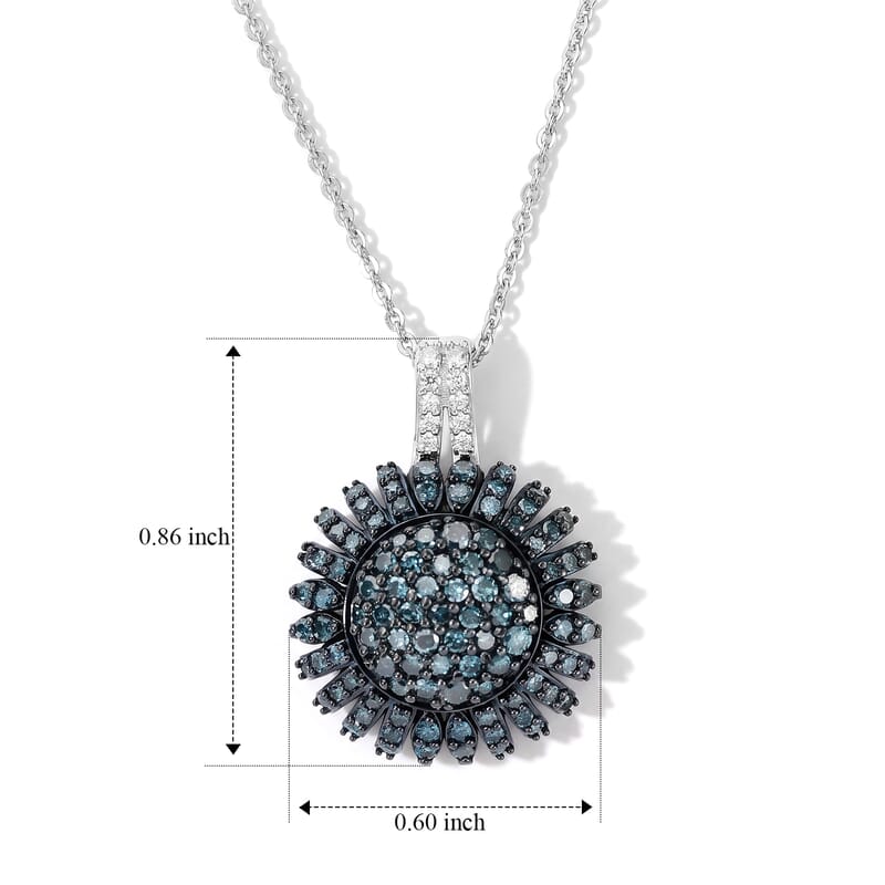D'Joy Blue and White Diamond 1.00 ctw Azure Sunburst Pendant Necklace (20 Inches) in Rhodium Over Sterling Silver