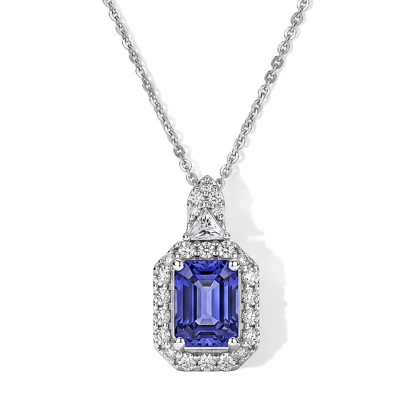 D'Joy Premium Tanzanite, Moissanite  Pendant Necklace (18 Inch) in Rhodium Over Sterling Silver  1.94 ctw