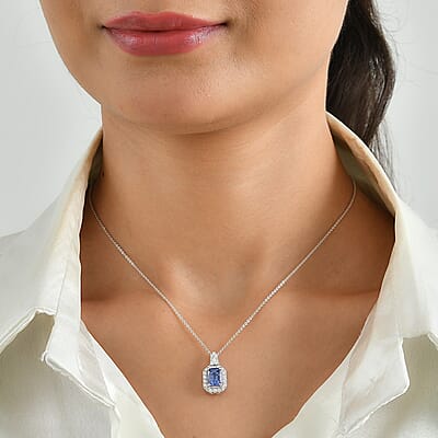 D'Joy Premium Tanzanite, Moissanite  Pendant Necklace (18 Inch) in Rhodium Over Sterling Silver  1.94 ctw
