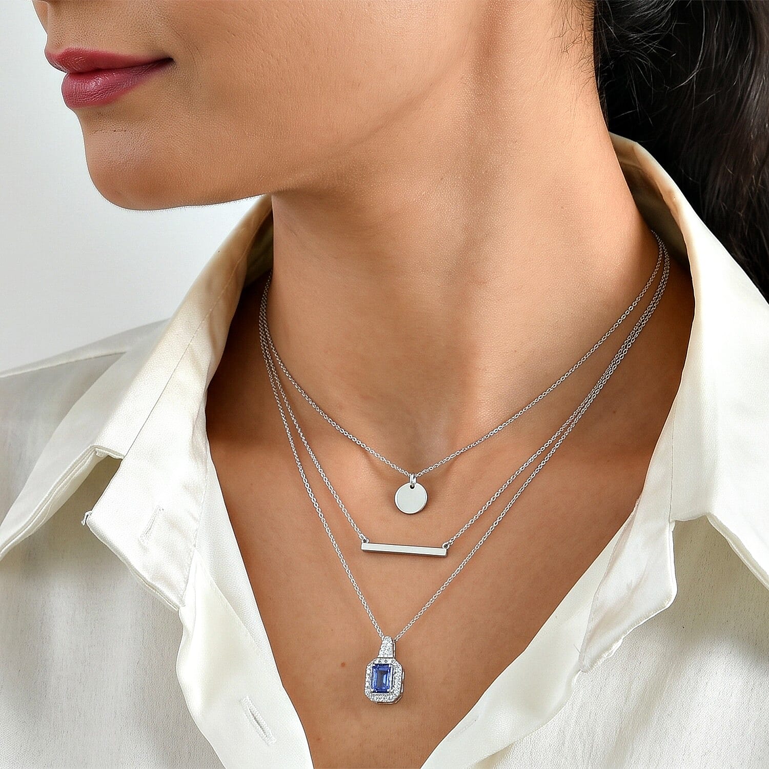 D'Joy Premium Tanzanite, Moissanite  Pendant Necklace (18 Inch) in Rhodium Over Sterling Silver  1.94 ctw