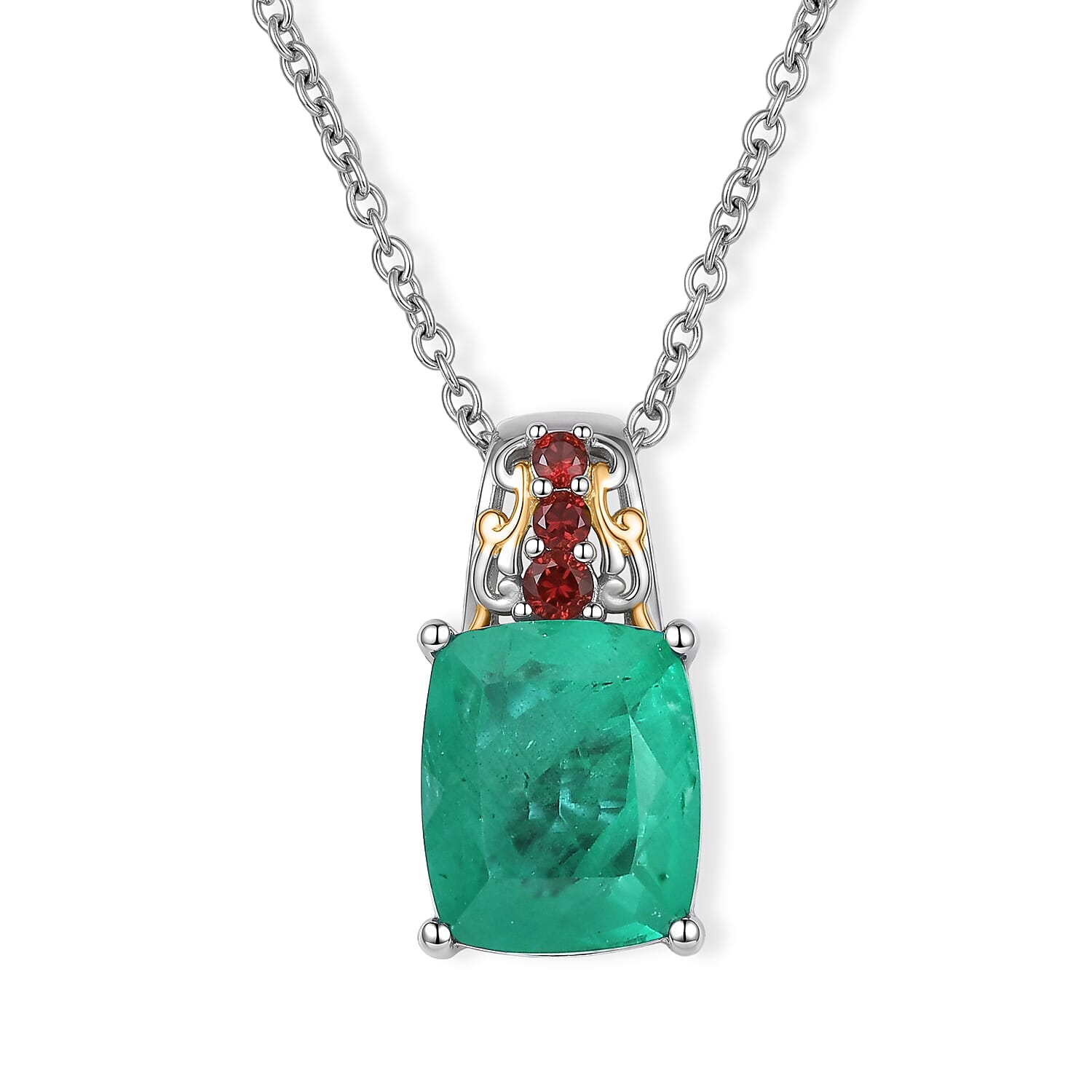 EverTrue Emeraldine Quartz (Triplet) and Mozambique Garnet 6.60 ctw Pendant in 18K YG Plated and Platinum Bond with Stainless Steel Necklace 20 Inches