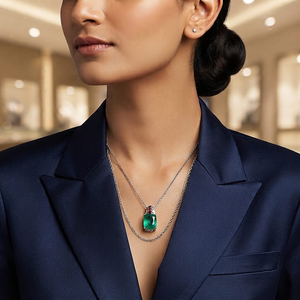 EverTrue Emeraldine Quartz (Triplet) and Mozambique Garnet 6.60 ctw Pendant in 18K YG Plated and Platinum Bond with Stainless Steel Necklace 20 Inches