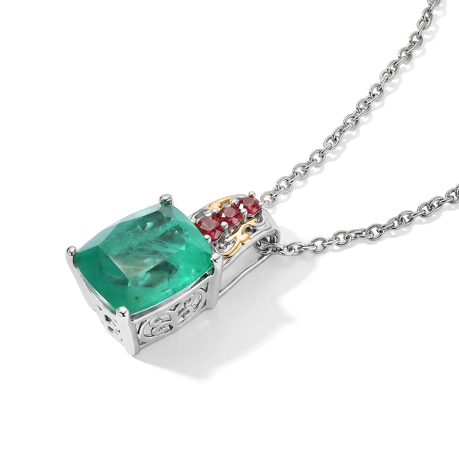 EverTrue Emeraldine Quartz (Triplet) and Mozambique Garnet 6.60 ctw Pendant in 18K YG Plated and Platinum Bond with Stainless Steel Necklace 20 Inches