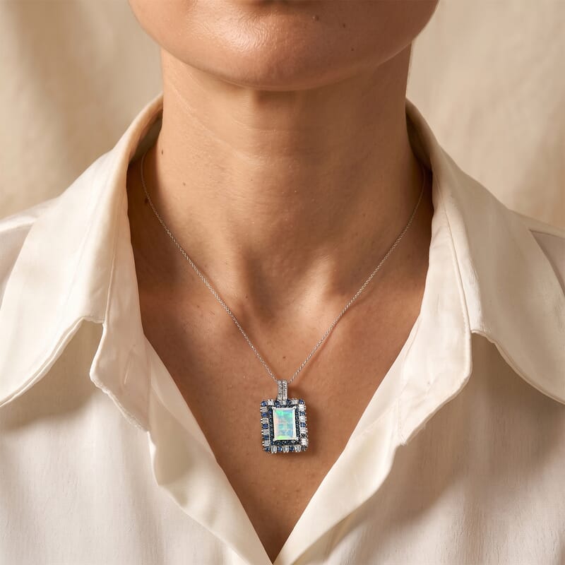 D'Joy Premium Ethiopian Welo Opal and Multi Gemstone 3.75 ctw Pendant Necklace in Rhodium Over Sterling Silver 20 Inches