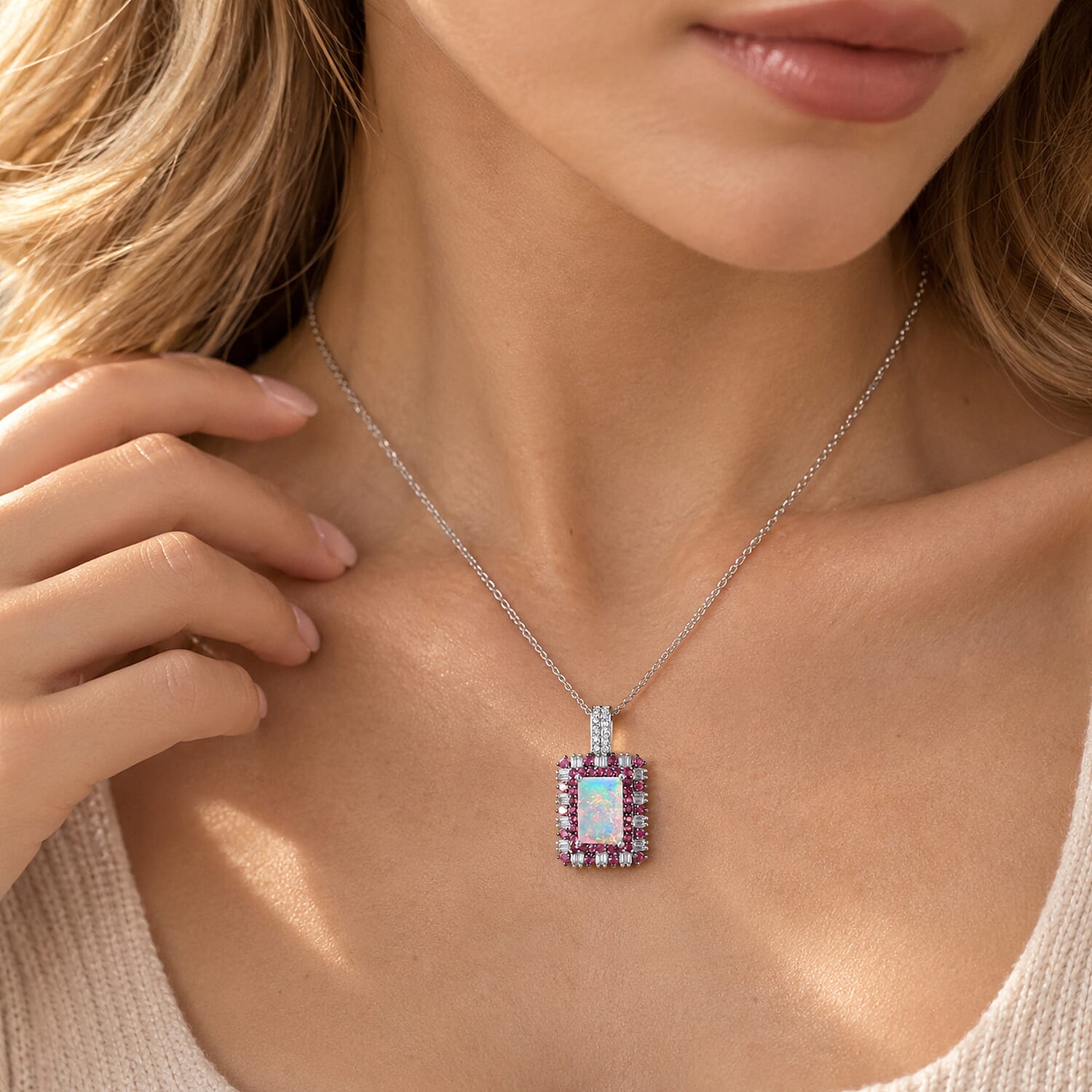 D'Joy Premium Ethiopian Welo Opal and Multi Gemstone 3.80 ctw Pendant Necklace in Rhodium Over Sterling Silver 20 Inches
