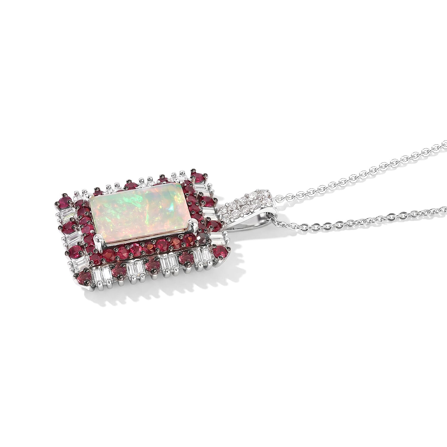 D'Joy Premium Ethiopian Welo Opal and Multi Gemstone 3.80 ctw Pendant Necklace in Rhodium Over Sterling Silver 20 Inches