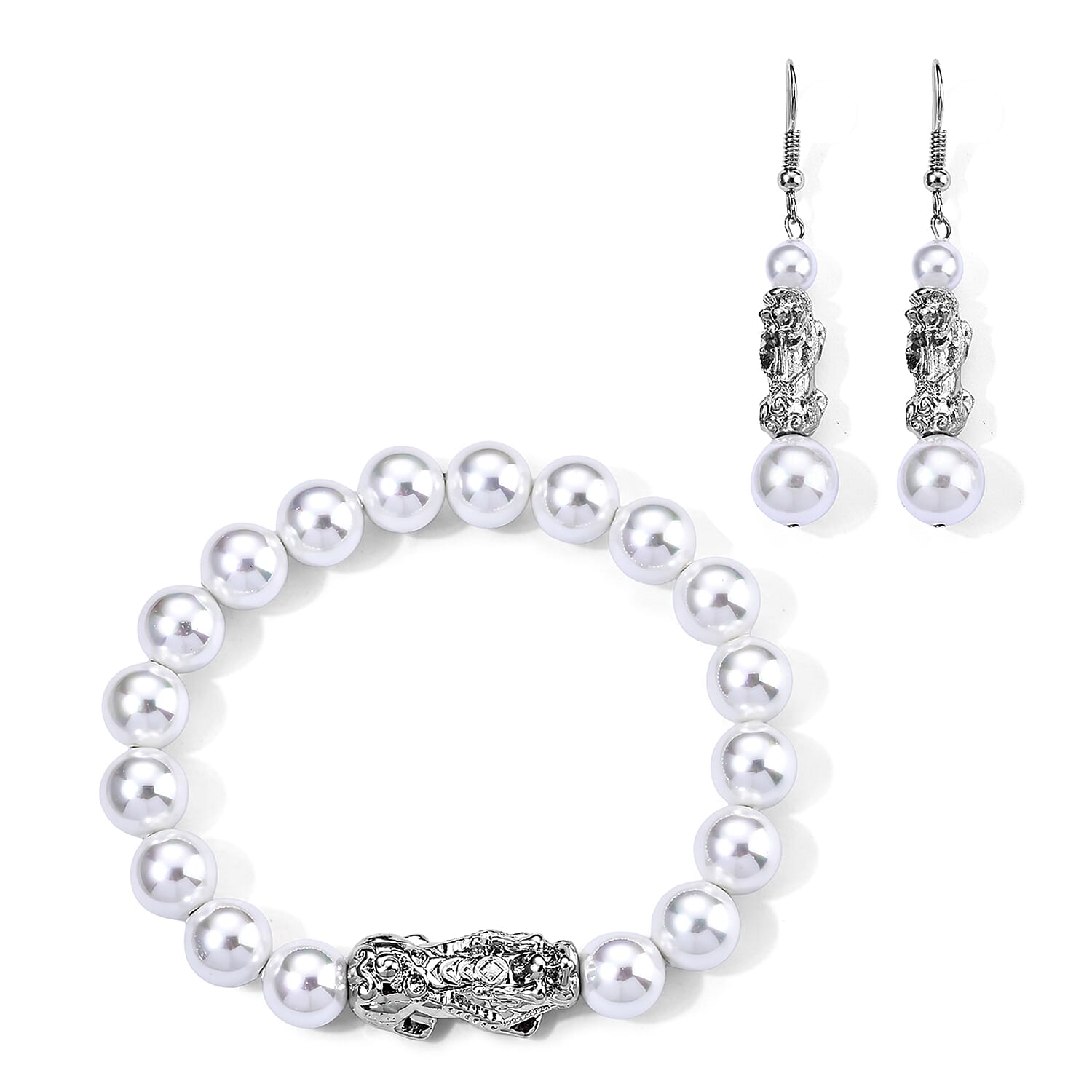 White Shell Pearl Bracelet (7-7.5In) and Earrings in Silvertone