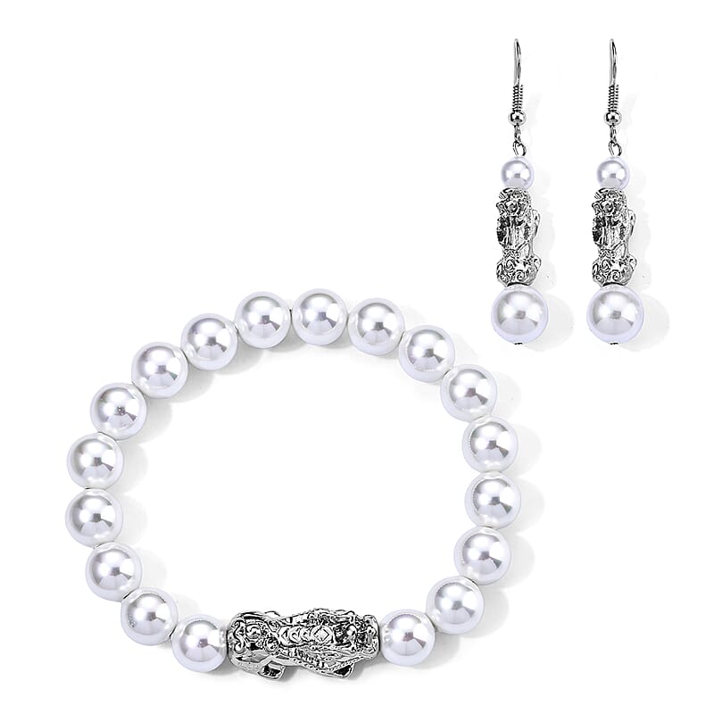 White Shell Pearl Bracelet (7-7.5In) and Earrings in Silvertone