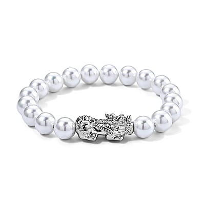 White Shell Pearl Bracelet (7-7.5In) and Earrings in Silvertone