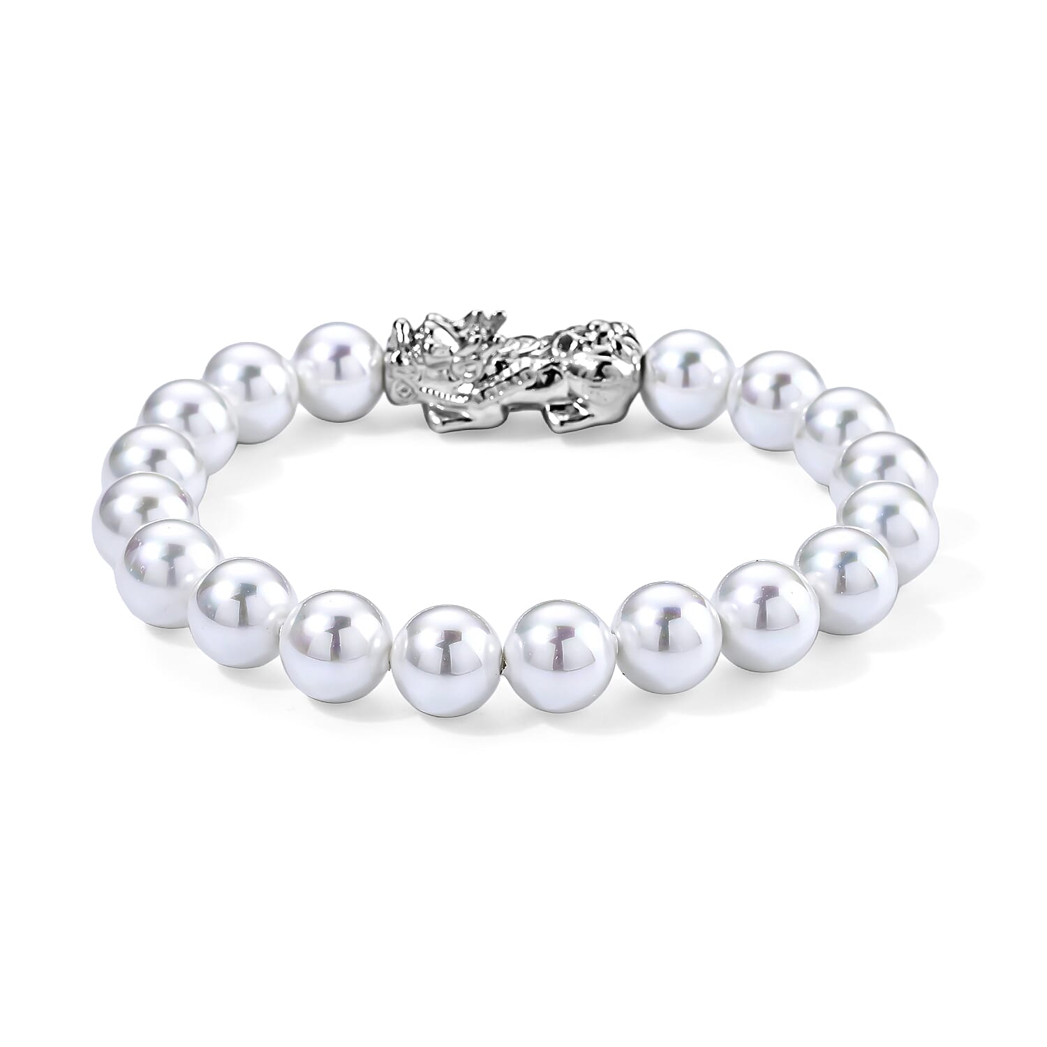 White Shell Pearl Bracelet (7-7.5In) and Earrings in Silvertone