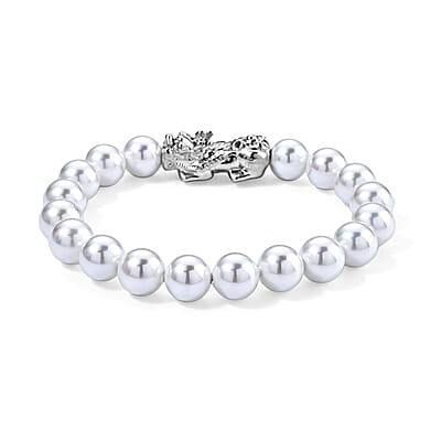 White Shell Pearl Bracelet (7-7.5In) and Earrings in Silvertone