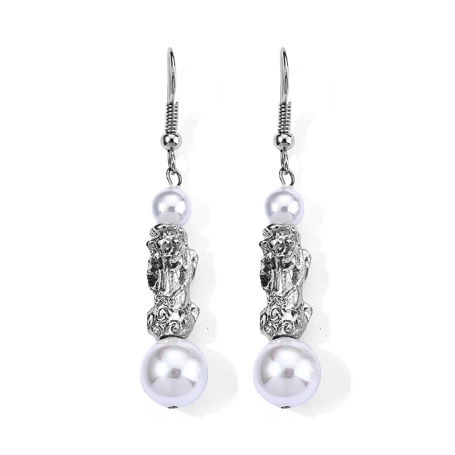 White Shell Pearl Bracelet (7-7.5In) and Earrings in Silvertone