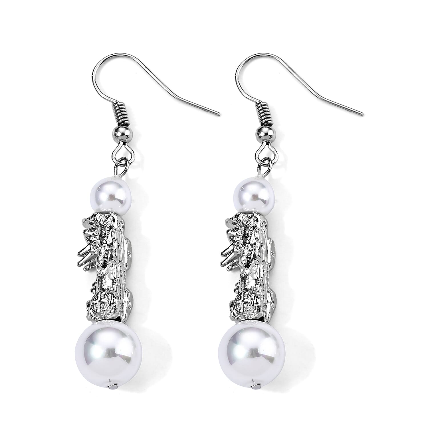 White Shell Pearl Bracelet (7-7.5In) and Earrings in Silvertone