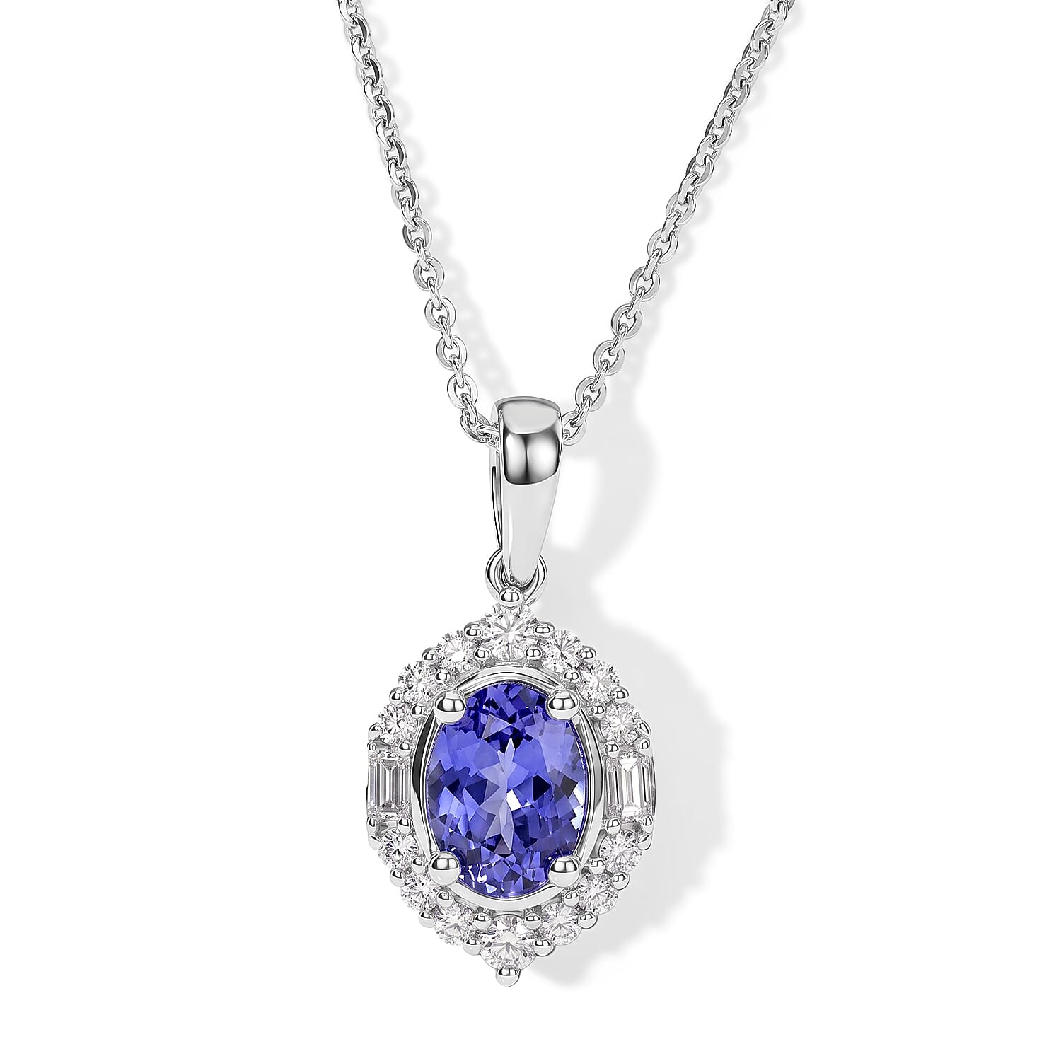 Certified & Appraised D'Joy Premium Tanzanite and Moissanite 1.30 ctw Pendant Necklace in Rhodium Over Sterling Silver 18 Inches
