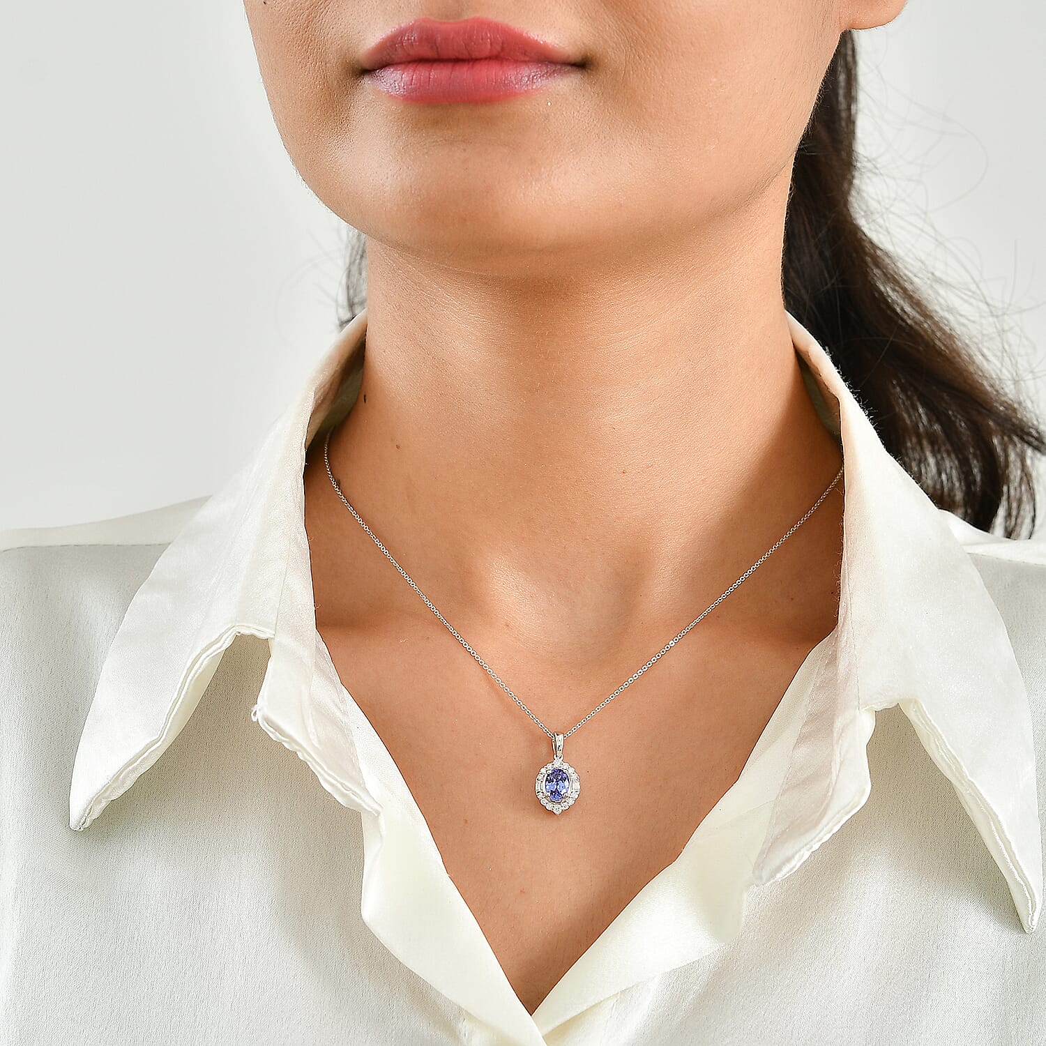 Certified & Appraised D'Joy Premium Tanzanite and Moissanite 1.30 ctw Pendant Necklace in Rhodium Over Sterling Silver 18 Inches