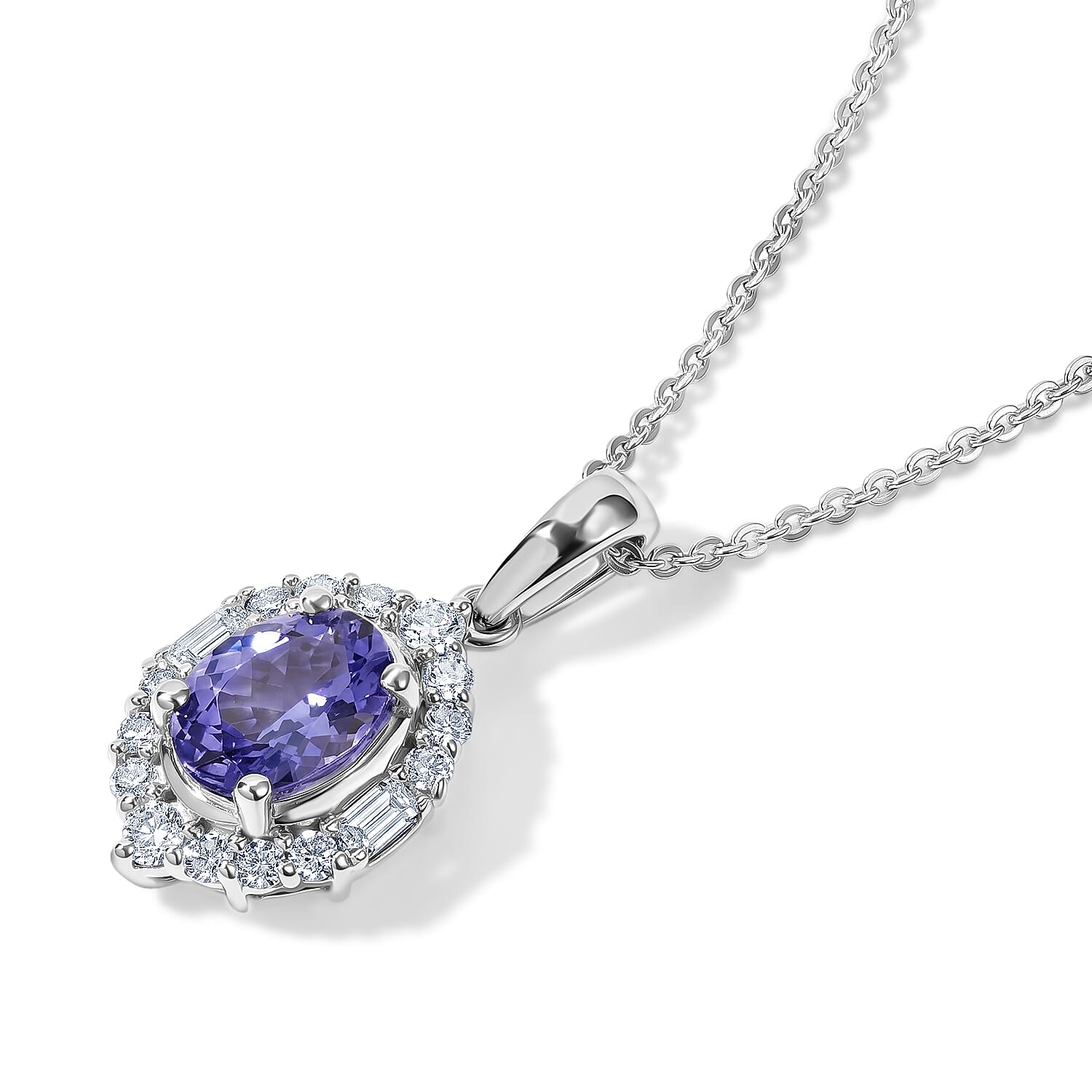 Certified & Appraised D'Joy Premium Tanzanite and Moissanite 1.30 ctw Pendant Necklace in Rhodium Over Sterling Silver 18 Inches