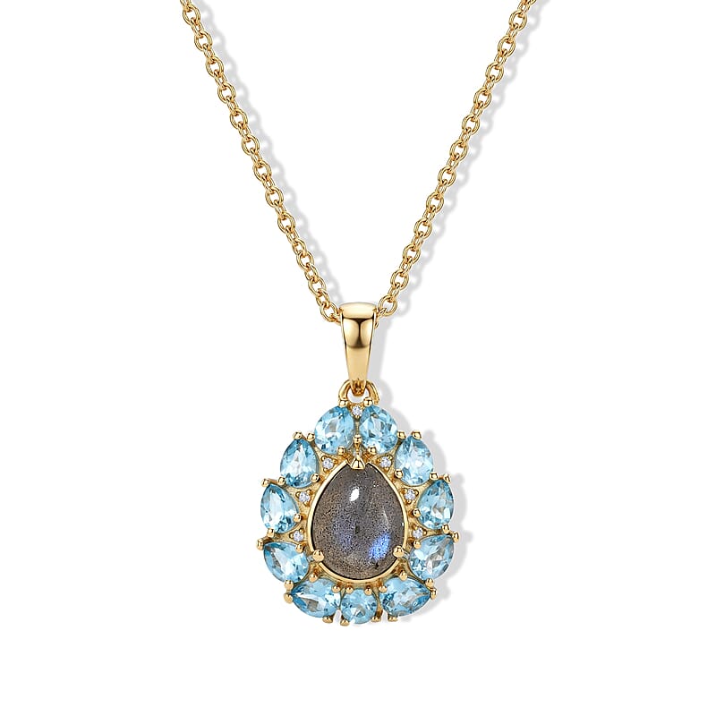 EverTrue AAA Malagasy Labradorite and Multi Gemstone 3.85 ctw Aurora Petals Pendant in 18K YG Plated with ION Plated YG Stainless Steel Necklace 20 Inches