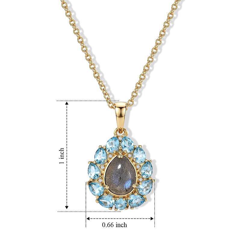 EverTrue AAA Malagasy Labradorite and Multi Gemstone 3.85 ctw Aurora Petals Pendant in 18K YG Plated with ION Plated YG Stainless Steel Necklace 20 Inches
