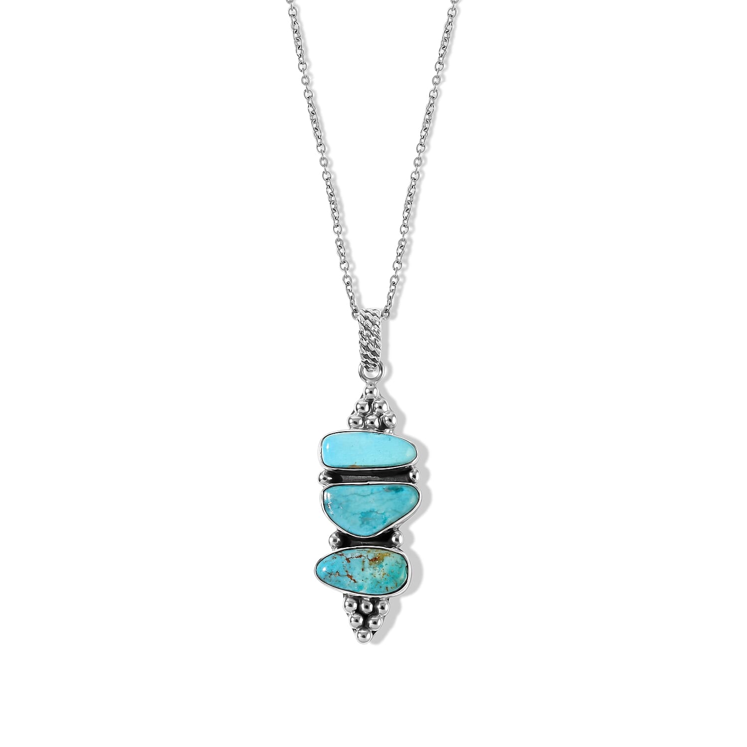 D'Joy Artisan Crafted Royal Hubei Blue Turquoise 11.60 ctw Southwest Style Pendant in Sterling Silver with Stainless Steel Necklace 20 Inches