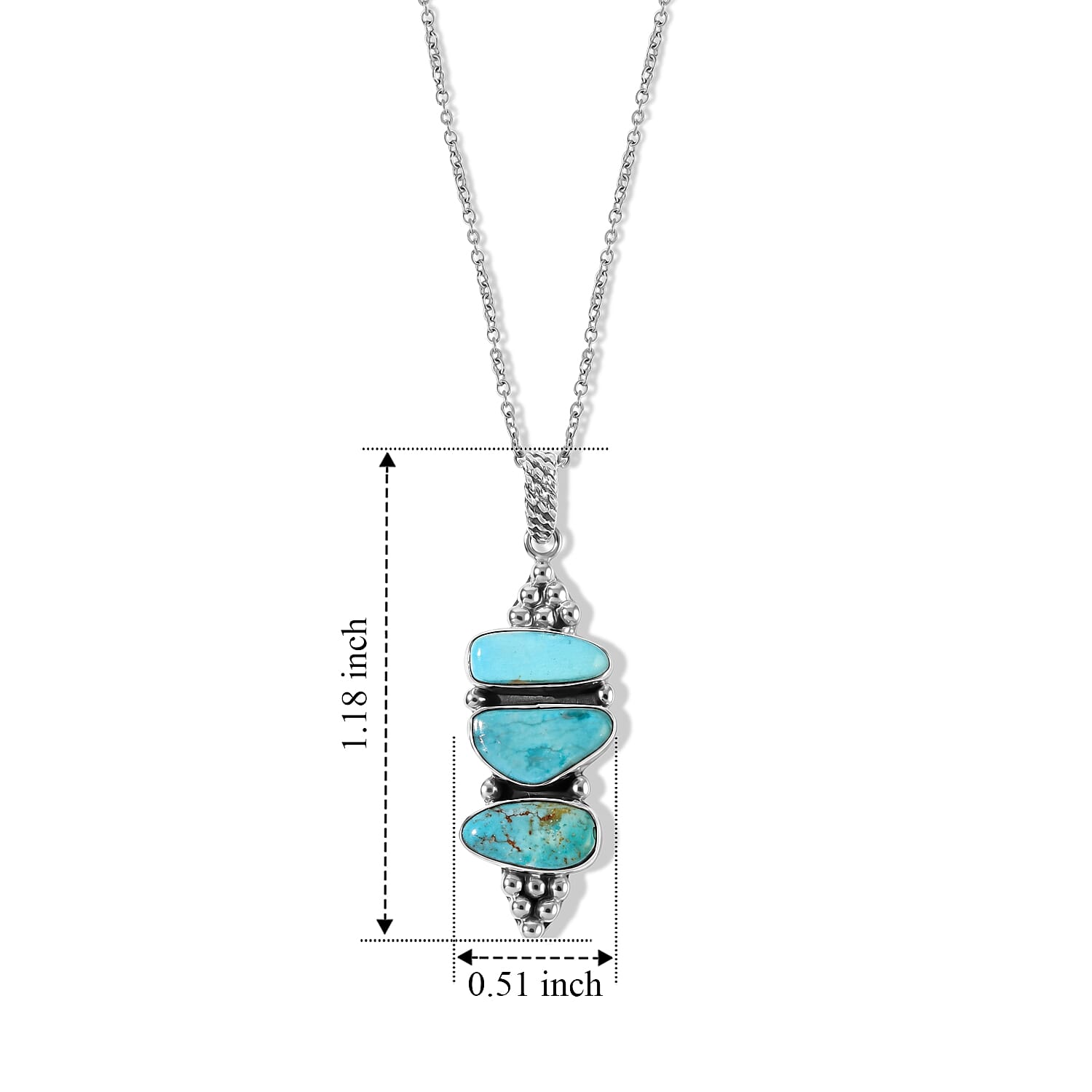 D'Joy Artisan Crafted Royal Hubei Blue Turquoise 11.60 ctw Southwest Style Pendant in Sterling Silver with Stainless Steel Necklace 20 Inches