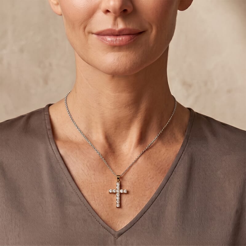 EverTrue Moissanite 1.10 ctw Classic Cross Pendant in Platinum Bond with Stainless Steel Necklace (20 Inches)