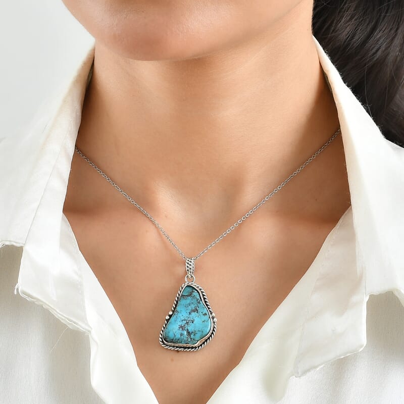 D'Joy Blue Turquoise 28.60 ctw Pendant in Sterling Silver with Stainless Steel Necklace 20 Inches