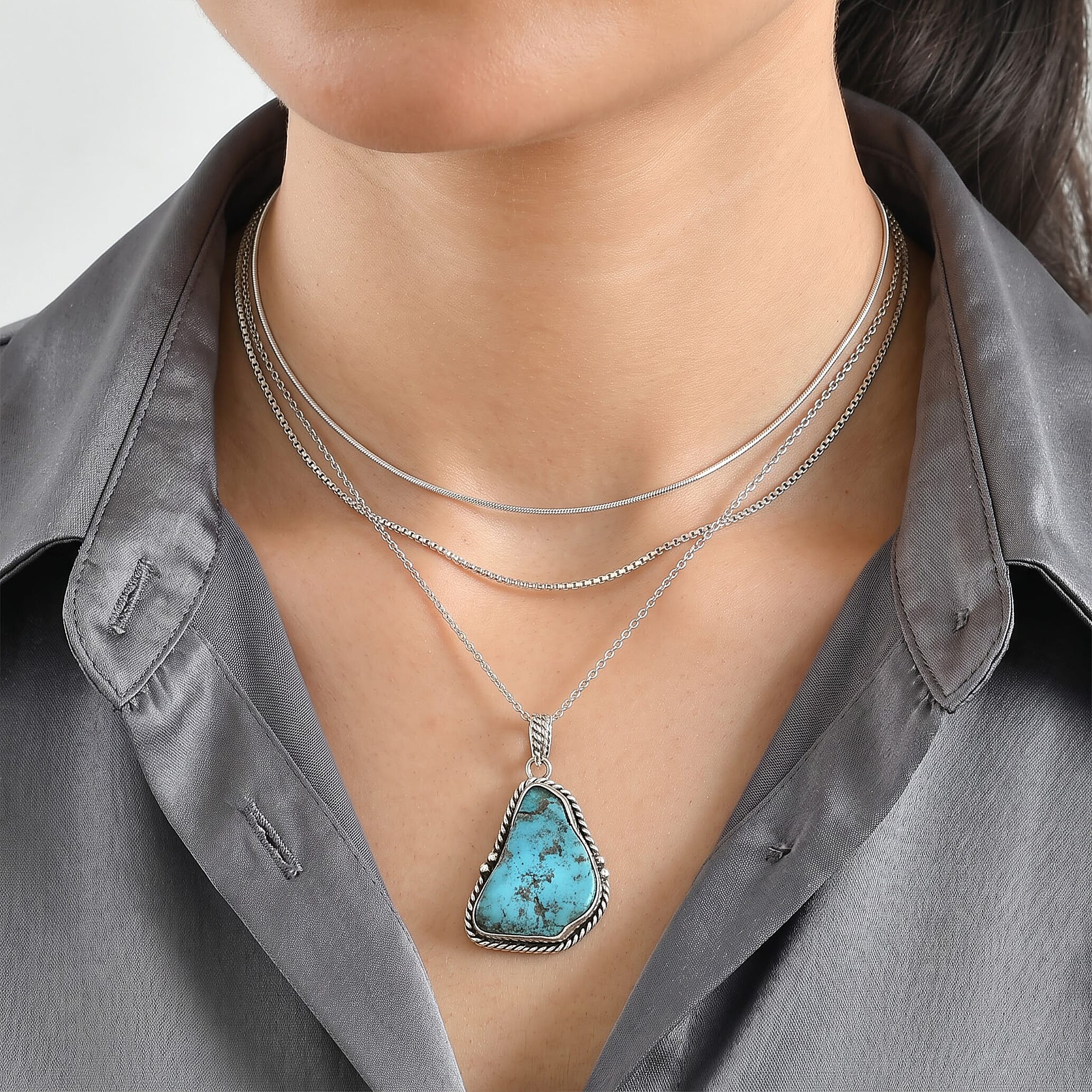 D'Joy Blue Turquoise 28.60 ctw Pendant in Sterling Silver with Stainless Steel Necklace 20 Inches