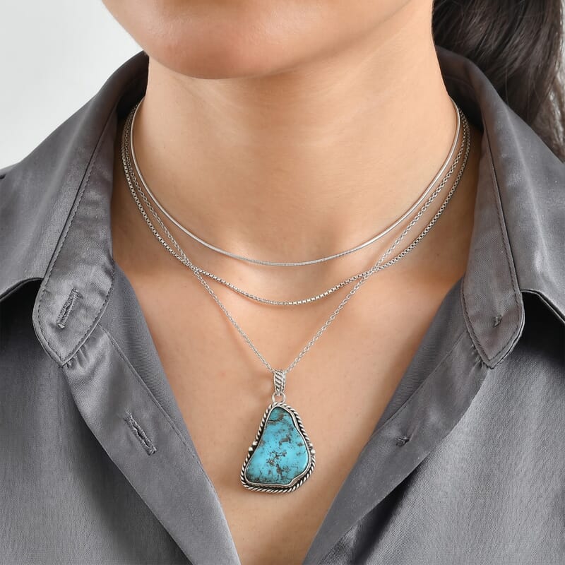 D'Joy Blue Turquoise 28.60 ctw Pendant in Sterling Silver with Stainless Steel Necklace 20 Inches