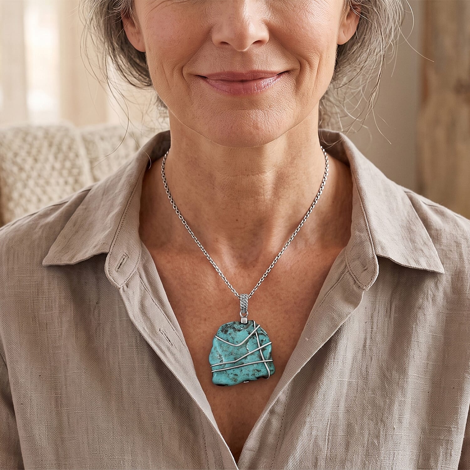 D'Joy Artisan Crafted Royal Hubei Blue Turquoise 41.75 ctw Southwest Style Pendant in Sterling Silver with Stainless Steel Necklace 20 Inches