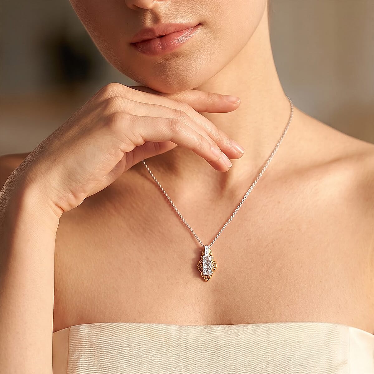 EverTrue Simulated Diamond Pendant in 18K YG Plated and Platinum Bond with Stainless Steel Necklace 20 Inches