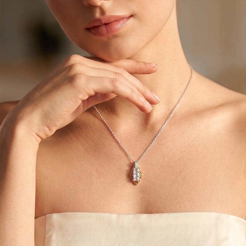 EverTrue Simulated Diamond Pendant in 18K YG Plated and Platinum Bond with Stainless Steel Necklace 20 Inches