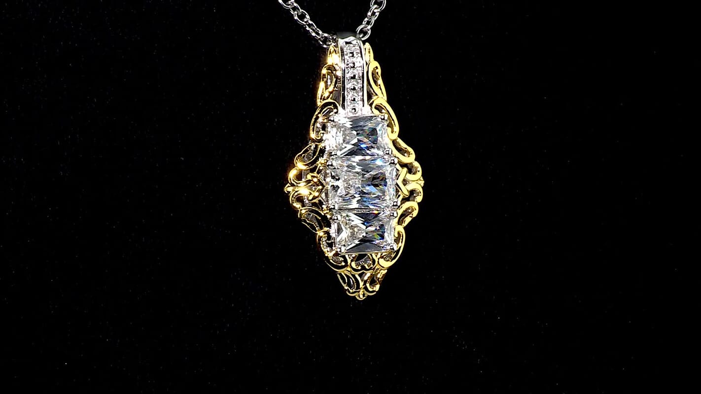 Simulated Diamond Pendant in 18K YG Plated and Platinum Bond with Stainless Steel Necklace 20 Inch