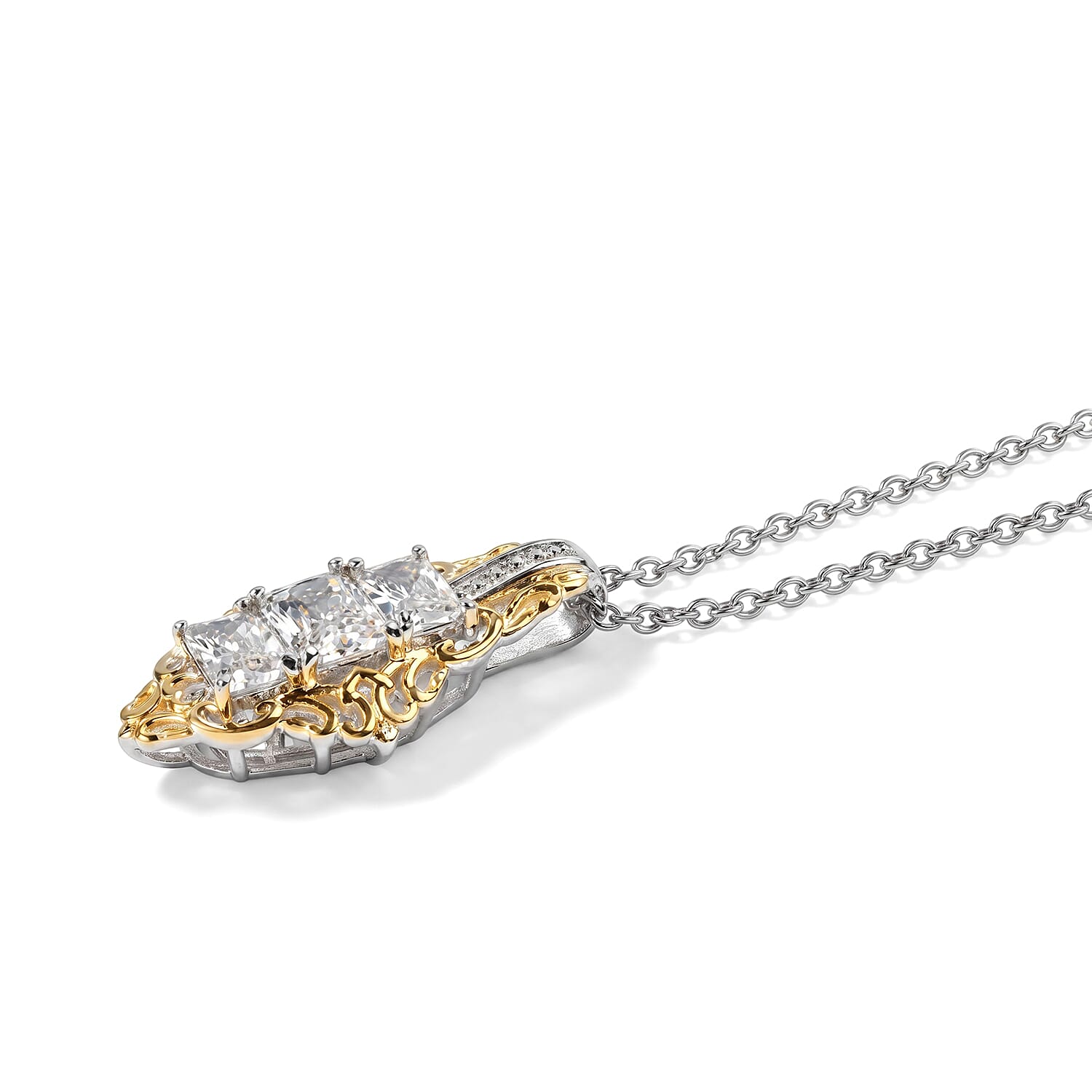 EverTrue Simulated Diamond Pendant in 18K YG Plated and Platinum Bond with Stainless Steel Necklace 20 Inches