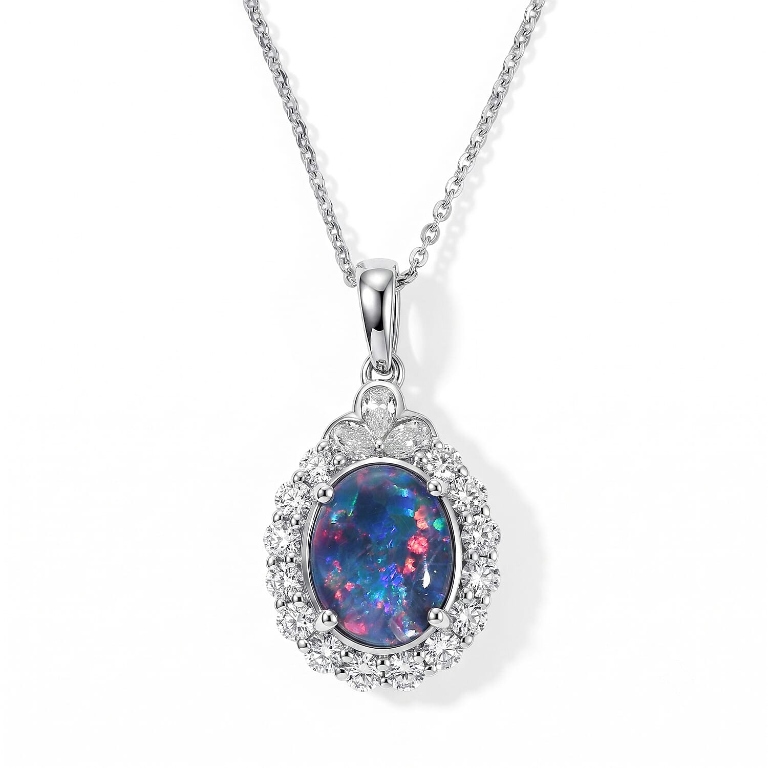 Certified and Appraised D'Joy Premium Australian Black Ridge Opal Triplet and Moissanite 2.35 ctw Pendant Necklace (18 Inches) in Rhodium Over Sterling Silver