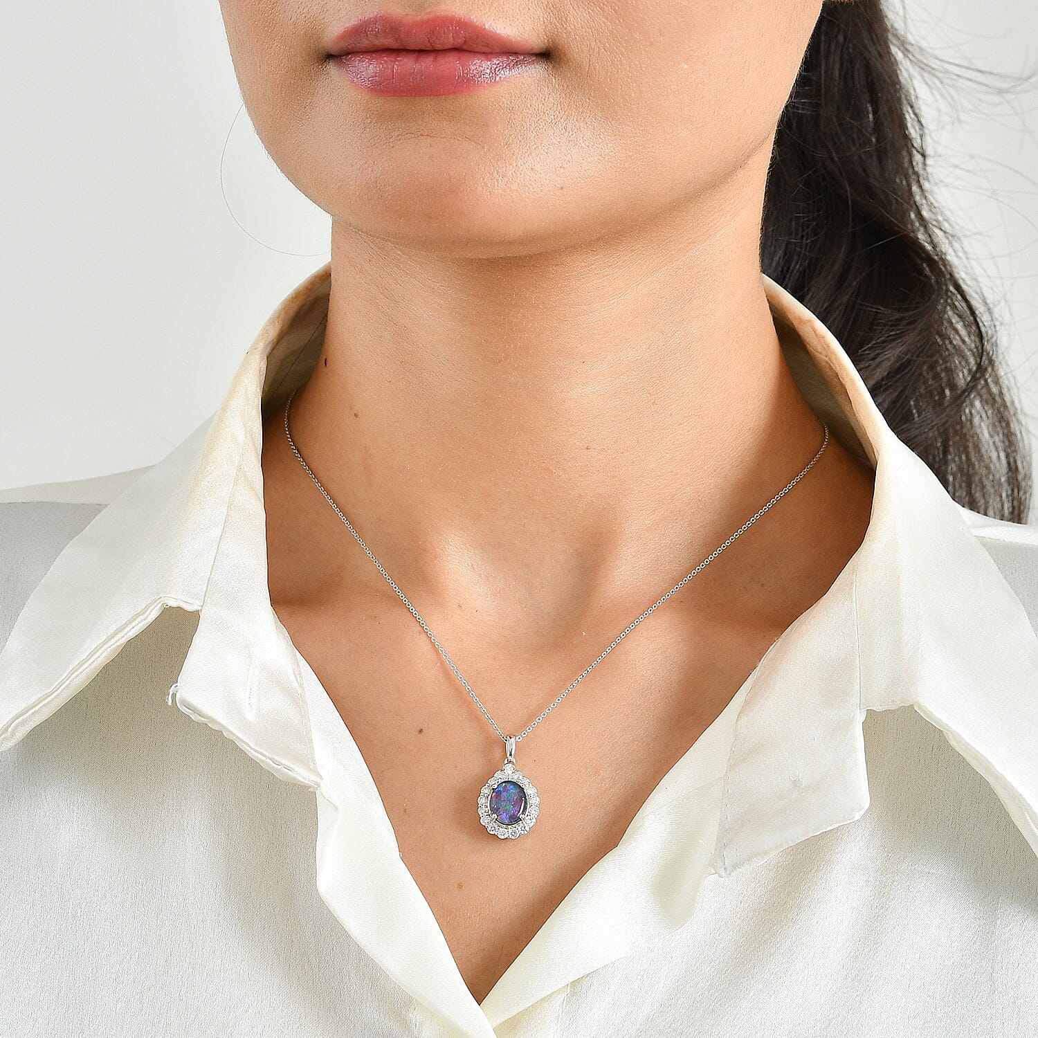 Certified and Appraised D'Joy Premium Australian Black Ridge Opal Triplet and Moissanite 2.35 ctw Pendant Necklace (18 Inches) in Rhodium Over Sterling Silver