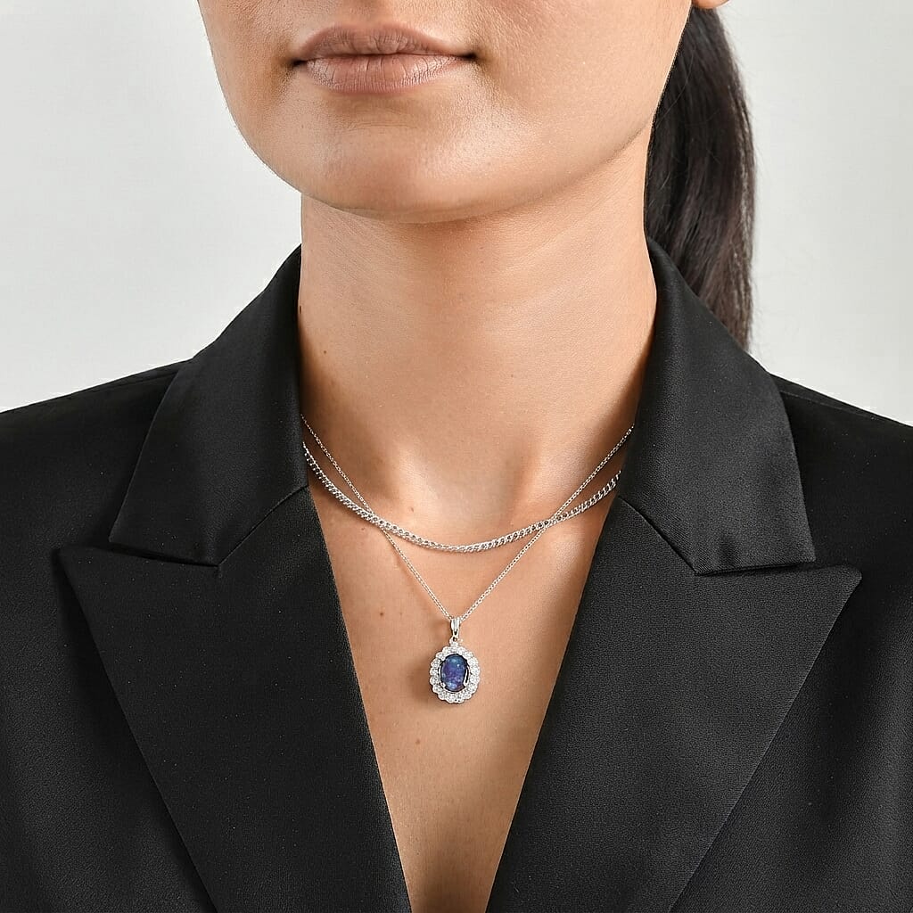 Certified and Appraised D'Joy Premium Australian Black Ridge Opal Triplet and Moissanite 2.35 ctw Pendant Necklace (18 Inches) in Rhodium Over Sterling Silver