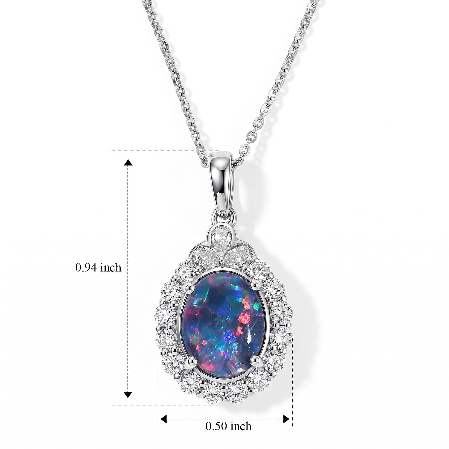 Certified and Appraised D'Joy Premium Australian Black Ridge Opal Triplet and Moissanite 2.35 ctw Pendant Necklace (18 Inches) in Rhodium Over Sterling Silver