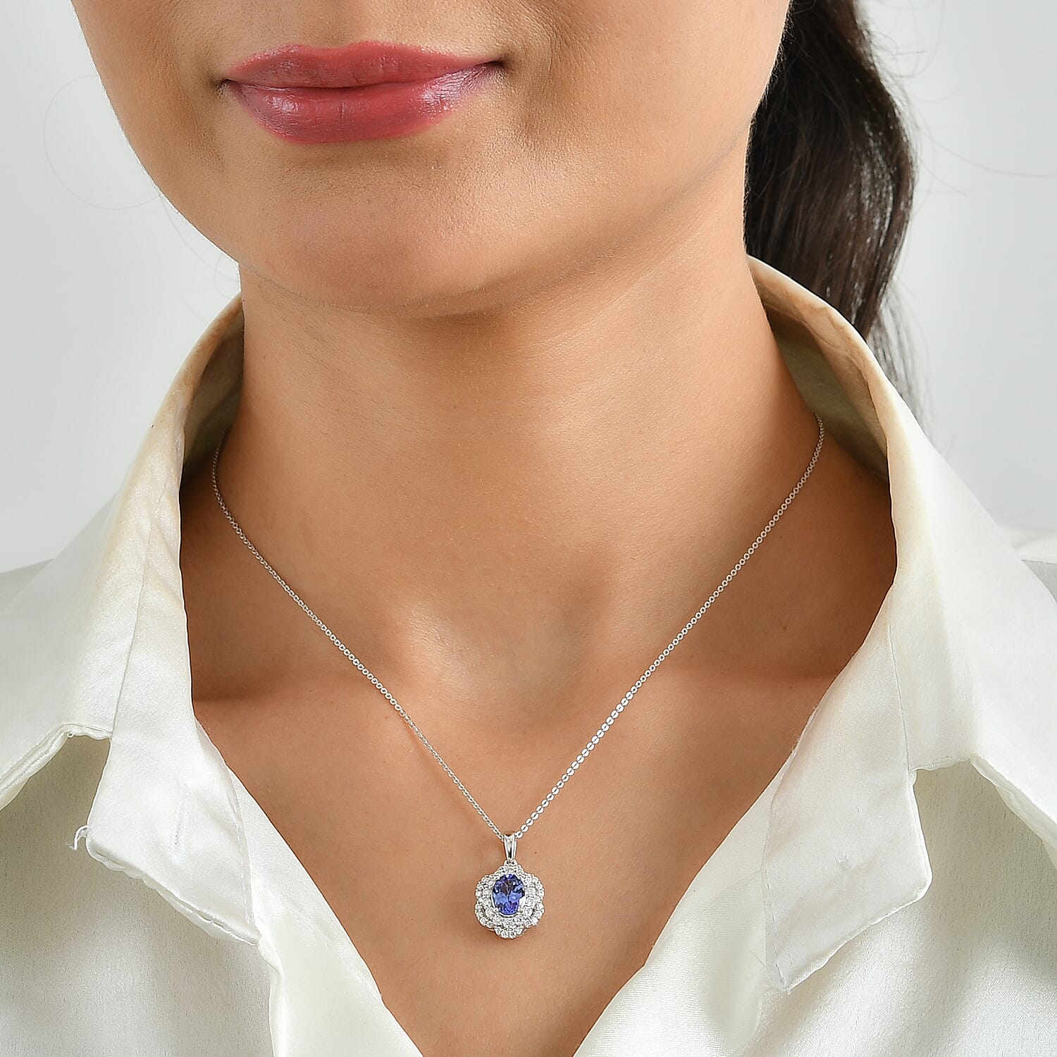 Certified and Appraised D'Joy Premium Tanzanite and Moissanite 1.80 ctw Pendant Necklace in Rhodium Over Sterling Silver 18 Inches