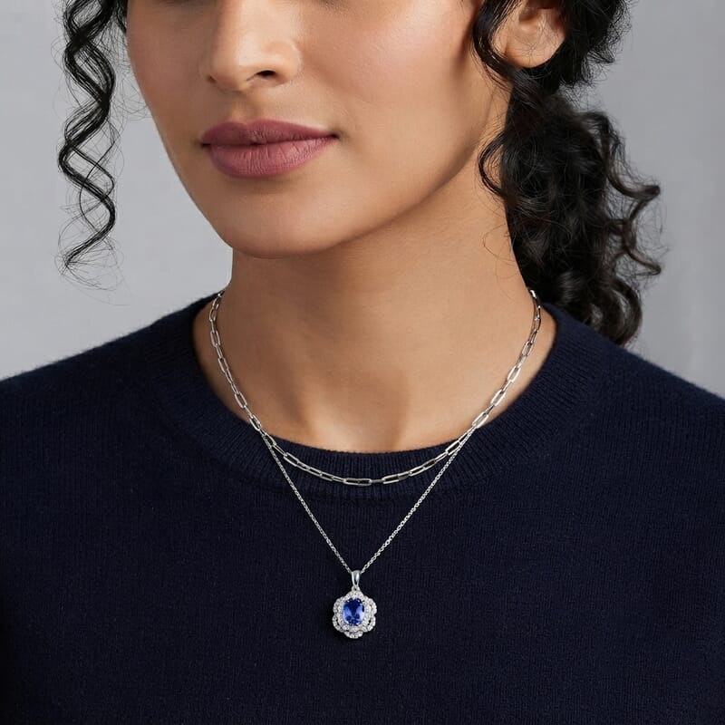 Certified and Appraised D'Joy Premium Tanzanite and Moissanite 1.80 ctw Pendant Necklace in Rhodium Over Sterling Silver 18 Inches