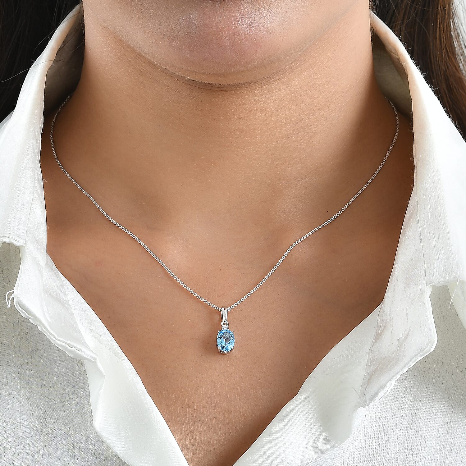 Premium Swiss Blue Topaz and Luxuriant Lab Grown Diamond SI 1.50 ctw Blue Serenity Pendant Necklace in Rhodium Over Sterling Silver 20 Inches