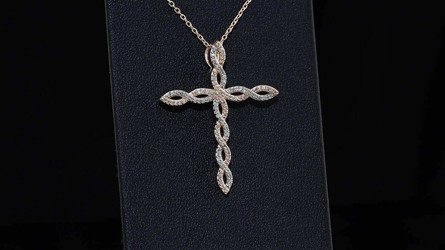 D''Joy Natural Pink and White Diamond 0.33 ctw Cross Pendant Necklace (20 inches) in 18K Vermeil Rose Gold Over Sterling Silver