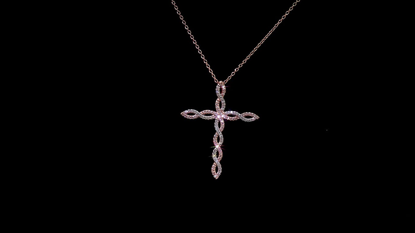 D''Joy Natural Pink and White Diamond 0.33 ctw Cross Pendant Necklace (20 inches) in 18K Vermeil Rose Gold Over Sterling Silver