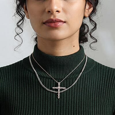 D'Joy Natural Pink and White Diamond 0.33 ctw Cross Pendant Necklace (20 inches) in 18K Vermeil Rose Gold Over Sterling Silver
