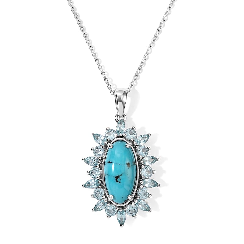 D'Joy Sonoran Turquoise and Lagoon Apatite 5.00 ctw Pendant Necklace in Rhodium Over Sterling Silver 20 Inches