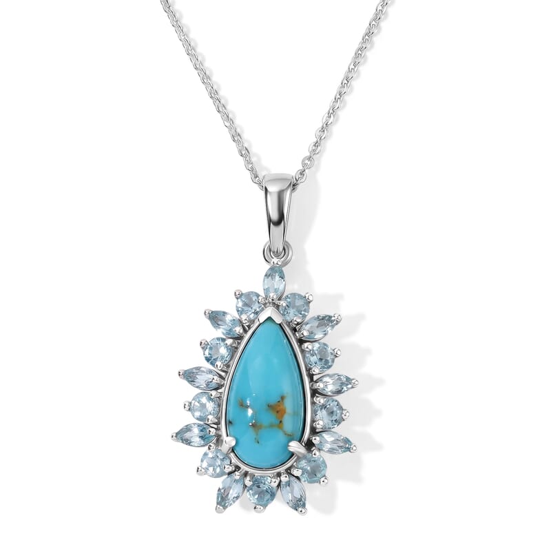 D'Joy Sonoran Turquoise and Lagoon Apatite 4.50 ctw Floral Spray Pendant Necklace in Rhodium Over Sterling Silver 20 Inches