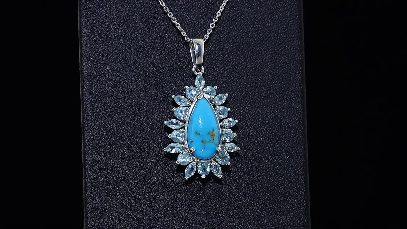 D''Joy Sonoran Turquoise and Lagoon Apatite 5.00 ctw Pendant Necklace in Rhodium Over Sterling Silver 20 Inches