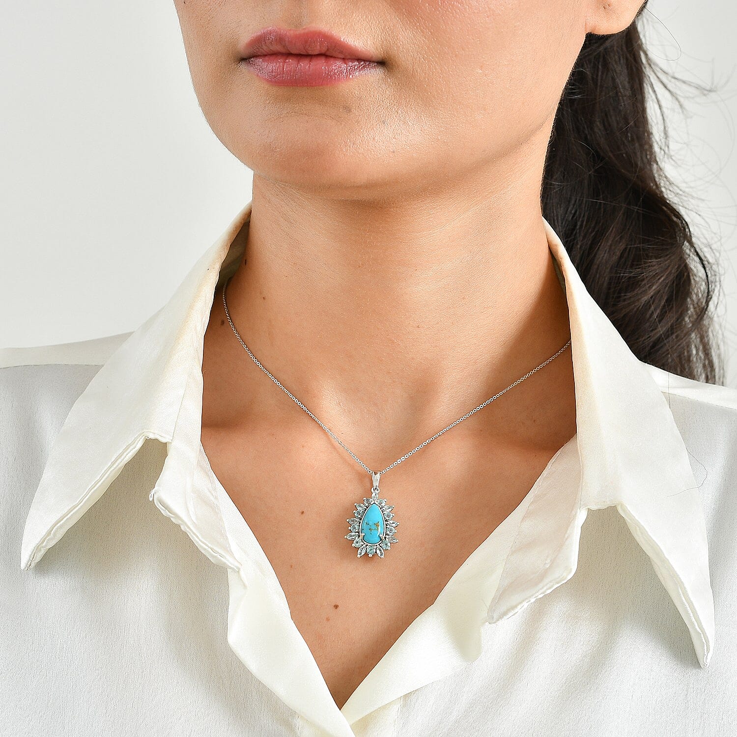 D'Joy Sonoran Turquoise and Lagoon Apatite 4.50 ctw Floral Spray Pendant Necklace in Rhodium Over Sterling Silver 20 Inches