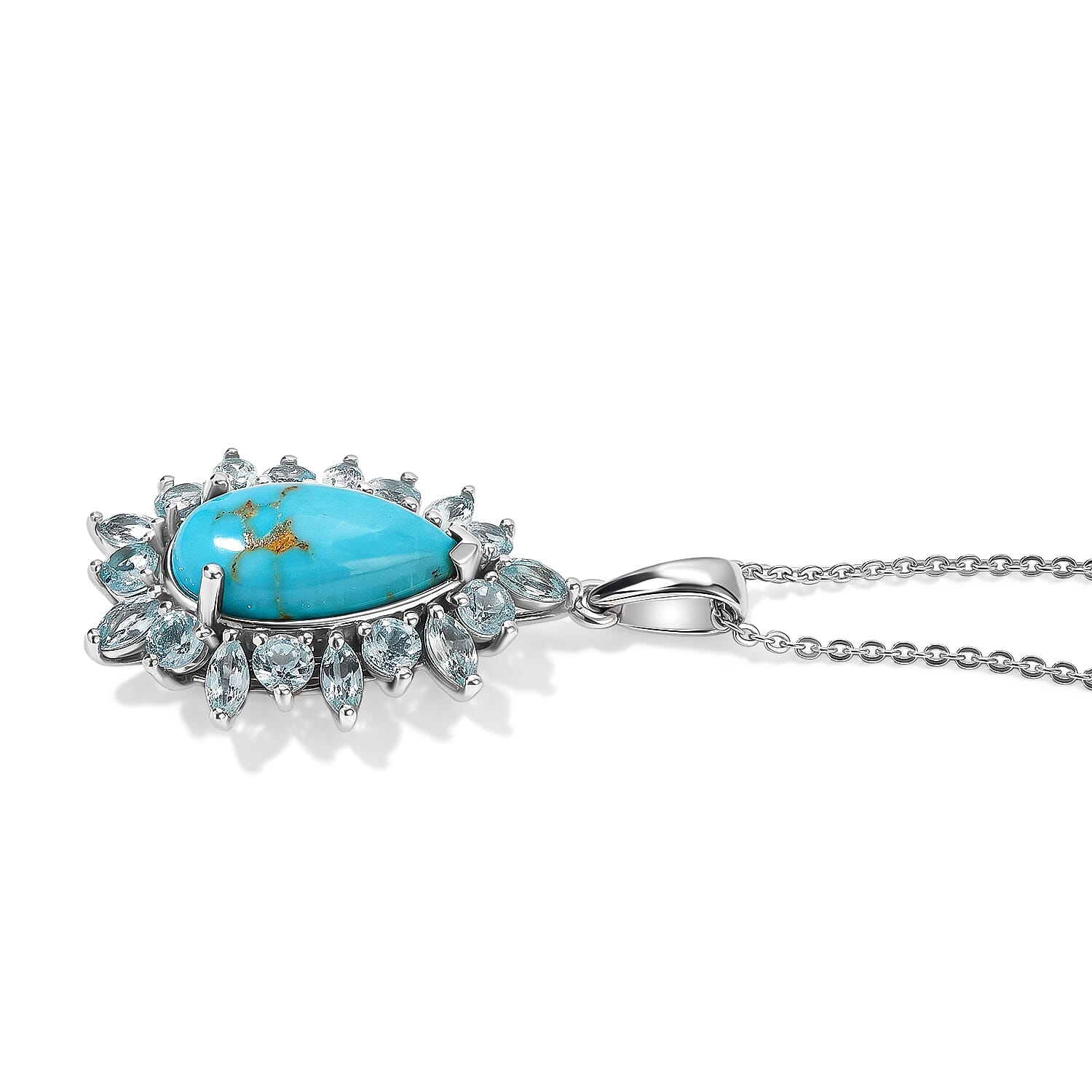 D'Joy Sonoran Turquoise and Lagoon Apatite 4.50 ctw Floral Spray Pendant Necklace in Rhodium Over Sterling Silver 20 Inches